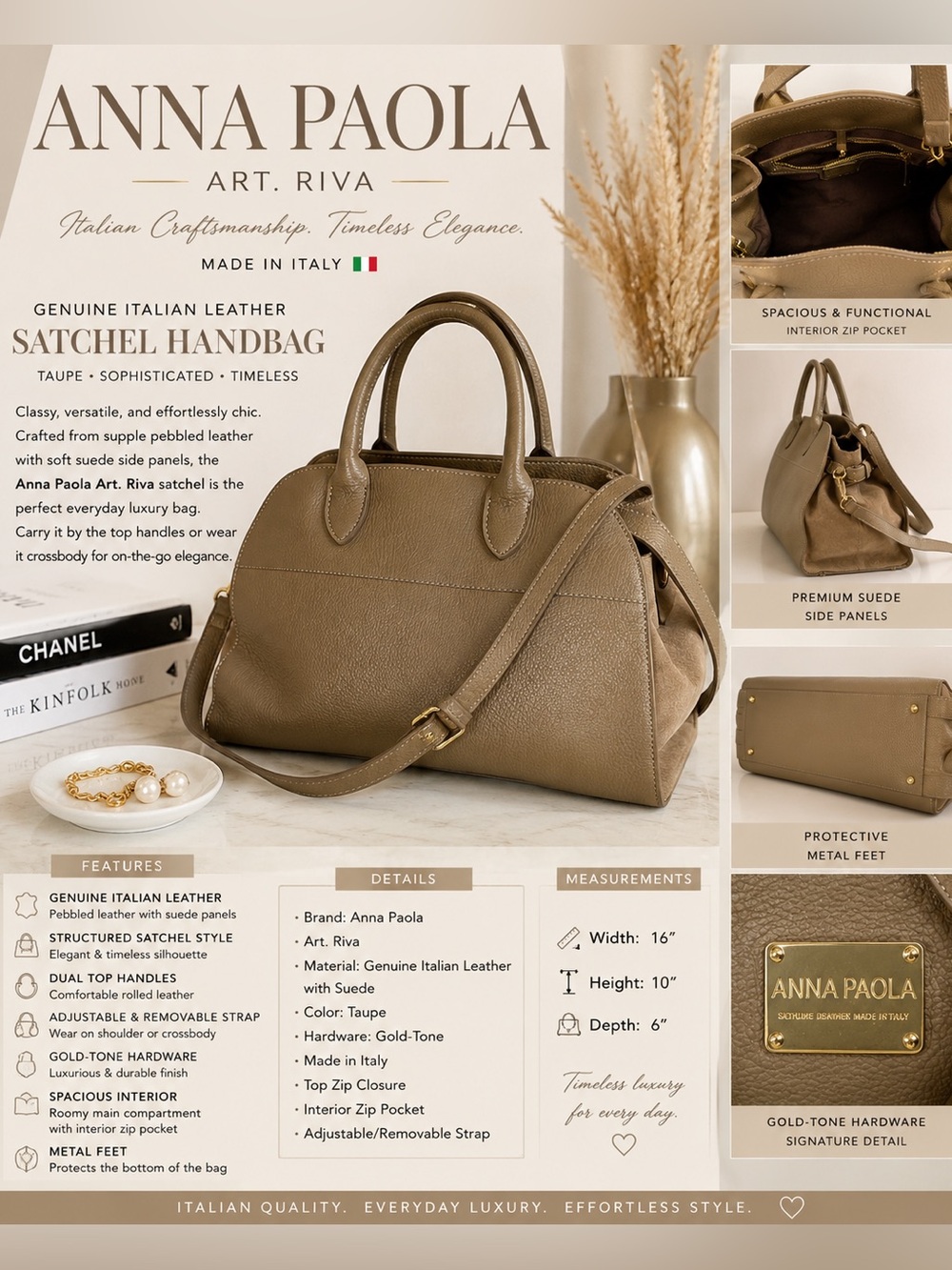 Anna Paola Art. Riva Taupe Italian Genuine Leather Satchel Handbag Crossbody